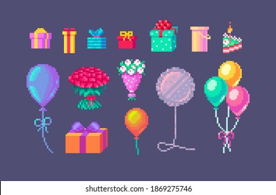 Pixel art set of presents and gifts on holidays events. Cute bright party icons. Vector illustration.