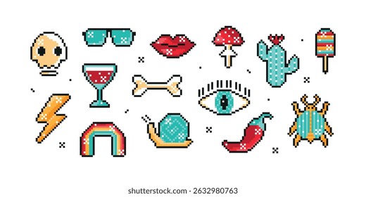 Pixel Art Set with Retro Game Assets. 8 bit pixel objects Vector illustration 