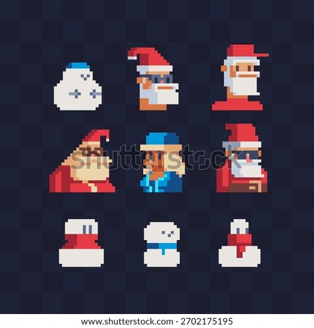 Pixel art set of Santa Claus, snowmen, winter hats in retro 8-bit style. Festive Christmas character icons for games, New Year design, and pixel holiday collections on dark background.