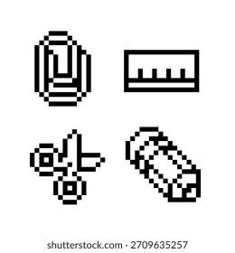Pixel arte conjunto de mochila de itens de escola e escritório, régua, tesoura e lápis. Ícones de estilo retro de 8 bits para design de interface do usuário, aplicativos, jogos, ferramentas criativas, interfaces de educação e layouts digitais.