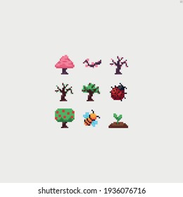 Pixel art set of spring icons with tree, ladybug, bee and plant