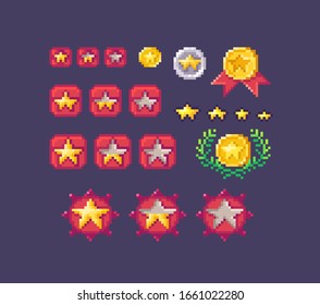 Pixel art set of star rating buttons different forms and sizes. Vector illustration.