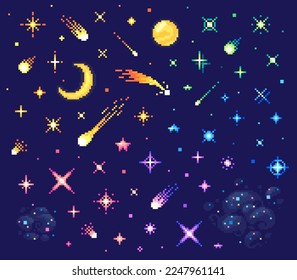 Pixel art set of stars. Starry sky with different shapes and colors of stars. Asset for game background design, 8 bit retro style vector illustration