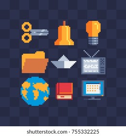 Pixel art set. Stationery and icons for websites. Sticker design pack. Isolated vector illustration. 8-bit sprite. Old school computer graphic style.