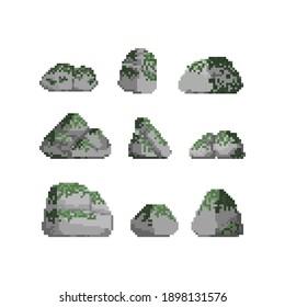 Pixel Art Set Of Stone With Moss Illustration