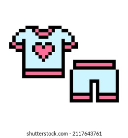 Pixel art set of summer childrens' clothes isolated on white background. Blue and pink shorts and t-shirt with heart print. Old school retro vintage 90s, 80s 8 bit slot machine, 2d video game graphics