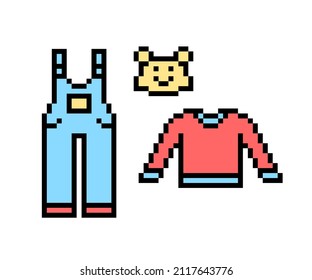 Pixel art set of summer childrens' clothes isolated on white background. Denim overalls, bear hat and long sleeved shirt. Old school retro vintage 90s, 80s 8 bit slot machine, 2d video game graphics.