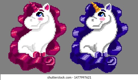 Pixel Art, Set of Sweet Little Ponies, Beautiful Unicorn Character, Big Eyes, Long Hair (Mane, Tail), Isolated Cartoon Personage Hand Drawn, Vector Illustration for Children