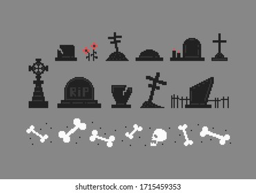 Pixel art set of tombstones different forms. Collection of gravestones. Vector illustration.