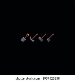 Pixel art set of tools, showel, pickaxe, hammer and axe