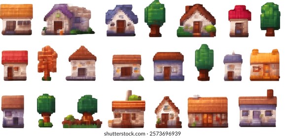 Pixel art set of tree, house, and building icons. Retro 8bit game style with city, forest, and village elements.