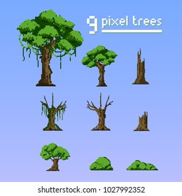 Pixel Art Set Of Trees.