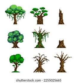 Conjunto de árboles de arte de píxeles. árboles tropicales, árboles secos y trozos. 8 bits aislados en segundo plano.