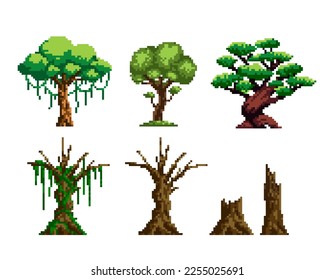 Pixel art set of trees. tropical trees, dry trees and stumps. 8 bit isolated on background.