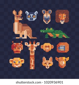 Pixel art set tropical safari animal heads, kangaroo crocodile giraffe monkey llama lion isolated vector illustration. Design for stickers, logo, embroidery, mobile app. 8-bit sprite. Game assets.