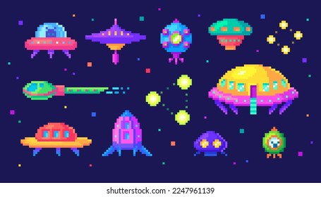 Pixel art set of UFO, alien shuttles. Pixelated cartoon elements about space. Isolated fantasy cosmic objects, computer game graphic design elements, 8 bit retro style vector illustration