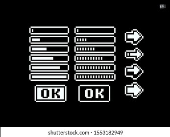 Pixel art set of ui elements, progress bar, arrow, button