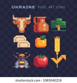 Pixel art Set of Various Ukraine Icons Part2. Agriculture, farm. Cow head, tree, bee and wheat ear.  Isolated vector illustration. 8-bit sprite. Design for sticker, logo, app.