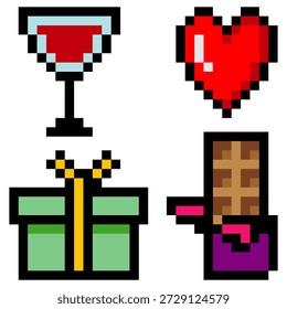 Pixel Art Set mit Weingläsern, Herzen, Geschenken und Schokoriegel
