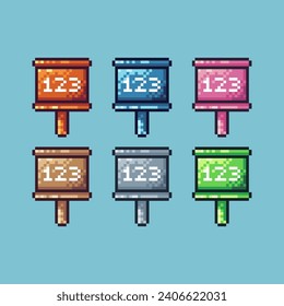 Pixel art sets of 123 sign icon with variation color item asset. 123 sign icon on pixelated style. 8bits perfect for game asset or design asset element for your game design asset