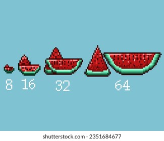 Pixel art sets any bit watermelon items. from 8 16 32 and 64 bits pixelated asset. Pixel art, items perfect for game asset or design asset element for your game design asset.