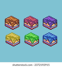 Pixel art sets of birthday cake topping with variation color item asset. Simple bits of sweet cake on pixelated style. 8bits perfect for game asset or design asset element for your game design asset.