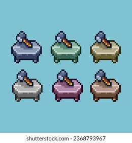 Pixel art sets of blacksmith tools stone with variation color item asset. Simple bits of blacksmith on pixelated style. 8bits perfect for game asset or design asset element for your game design asset