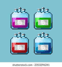 Pixel art sets of blood bag for medicine health items. purple,green,red,and blue blood bag on pixelated style.8bits perfect for game asset or design asset element for your game design asset.