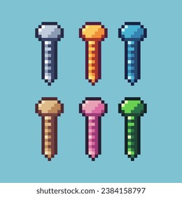 Pixel art sets of bolt with variation color item asset. Simple bits of bolt pixelated style. 8bits perfect for game asset or design asset element for your game design asset.