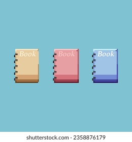 Pixel art sets of book with variation color items asset. brown,red,and blue books on pixelated style.8bits perfect for game asset or design asset element for your game design asset.