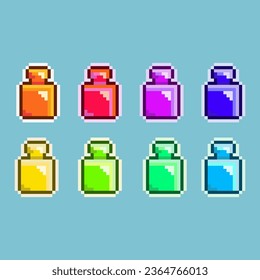 Pixel art sets of bottle health potion with variation color item asset. simple bits of bottle glass on pixelated style 8bits perfect for game asset or design asset element for your game design asset
