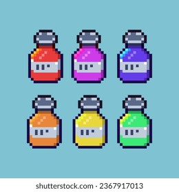 Pixel art sets of bottle with variation color item asset simple bits of colorful bottle decoration on pixelated style 8bits perfect for game asset or design asset element for your game design asset