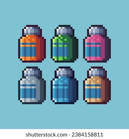 Pixel art sets of bottle with variation color item asset. Simple bits of medicine bottle pixelated style. 8bits perfect for game asset or design asset element for your game design asset.