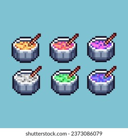 Pixel art sets of bowl of noodle with variation color item asset. Simple bits of noodle food on pixelated style. 8bits perfect for game asset or design asset element for your game design asset.