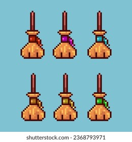 Pixel art sets of broom decoration halloween with variation color item asset. Simple bits of broom on pixelated style. 8bits perfect for game asset or design asset element for your game design asset
