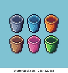 Pixel art sets of bucket with variation color item asset. Simple bits of golden bucket pixelated style. 8bits perfect for game asset or design asset element for your game design asset.