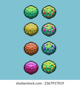Conjuntos de arte de píxeles de arbustos con fruta con variación de color material activo simples pedazos de fruto de arbusto en estilo pixelado 8bits perfectos para activos de juego o elementos de activos de diseño para su activo de diseño de juegos