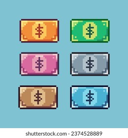 Pixel art sets of business paper money with variation color item asset. Simple bits of money paper on pixelated style. 8bits perfect for game asset or design asset element for your game design asset.
