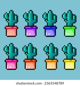 Conjuntos de arte de cactus decoración de plantas con variación color material activo simple de cactus en estilo pixelado 8bits perfecto para activos de juego o elemento de activos de diseño para su activo de diseño de juegos