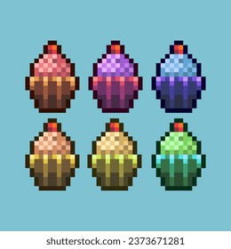 Pixel art sets of cake birthday with variation color item asset. Simple bits of birthday cake food on pixelated style. 8bits perfect for game asset or design asset element for your game design asset.