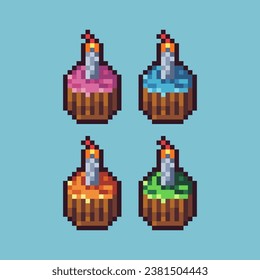 Pixel art sets of cake with candle with variation color item asset. Simple bits of cake pixelated style. 8bits perfect for game asset or design asset element for your game design asset.