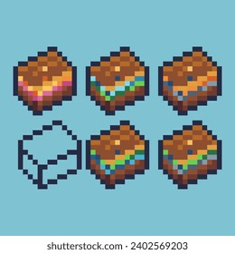 Pixel art sets of cake food icon with variation color item asset. food cake icon on pixelated style. 8bits perfect for game asset or design asset element for your game design asset
