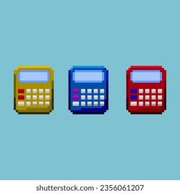 Pixel art sets of calculator with variation color items asset.Yellow,blue,and red calculator on pixelated style.8bits perfect for game asset or design asset element for your game design asset.