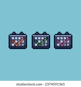 Pixel art sets of calendar approve with variation color item asset. Simple bits of approve time on pixelated style. 8bits perfect for game asset or design asset element for your game design asset.