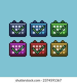 Pixel art sets of calendar approve with variation color item asset. Simple bits of approve time on pixelated style. 8bits perfect for game asset or design asset element for your game design asset.