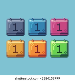 Pixel art sets of calendar with variation color item asset. Simple bits of calendar pixelated style. 8bits perfect for game asset or design asset element for your game design asset.