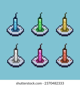 Pixel art sets of candle on the plate with variation color item asset. Simple bits of candle on pixelated style. 8bits perfect for game asset or design asset element for your game design asset