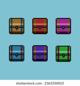 Pixel art sets of chest coin with variation color item asset. simple bits of inventory chest rpg game on pixelated style 8bits perfect for game asset or design asset element for your game design asset
