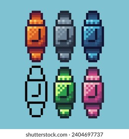 Pixel art sets of clock icon with variation color item asset. watch clock icon on pixelated style. 8bits perfect for game asset or design asset element for your game design asset