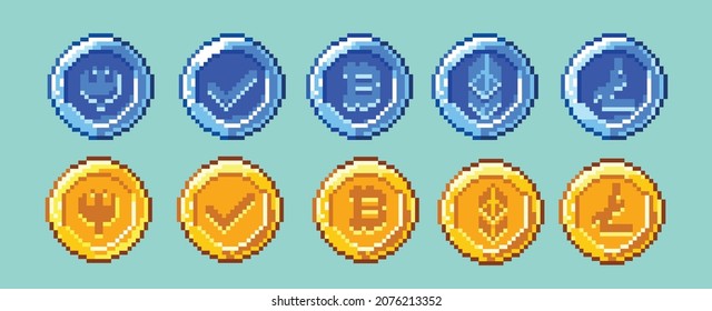 Pixel Art sets of Coin business, Blue coin and Gold coin on pixelated style.8bits perfect for game asset or design asset element for your game design asset.